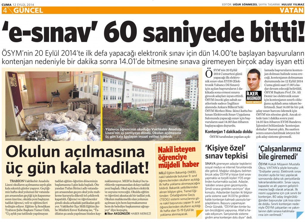 12 Eylül 2014 - Vatan Gazetesi