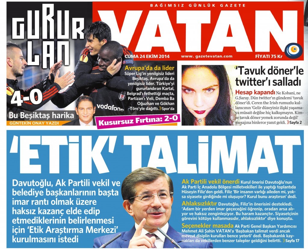 24 Ekim 2014 Vatan Gazetesi 1. sayfa