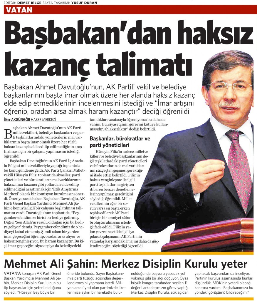 24 Ekim 2014 Vatan Gazetesi 1. sayfa