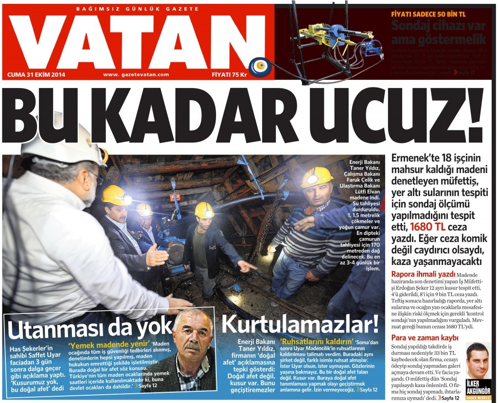 31 Ekim 2014 Vatan Gazetesi 1. sayfa