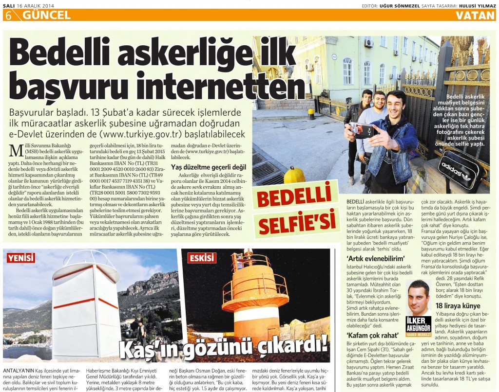 16 Aralık 2014 Vatan Gazetesi 6. sayfa