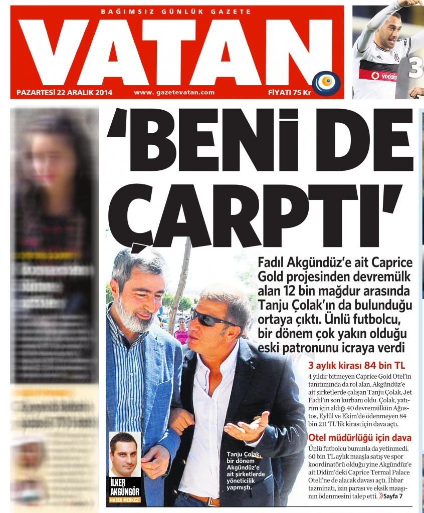 22 Aralık 2014 Vatan Gazetesi 1. sayfa