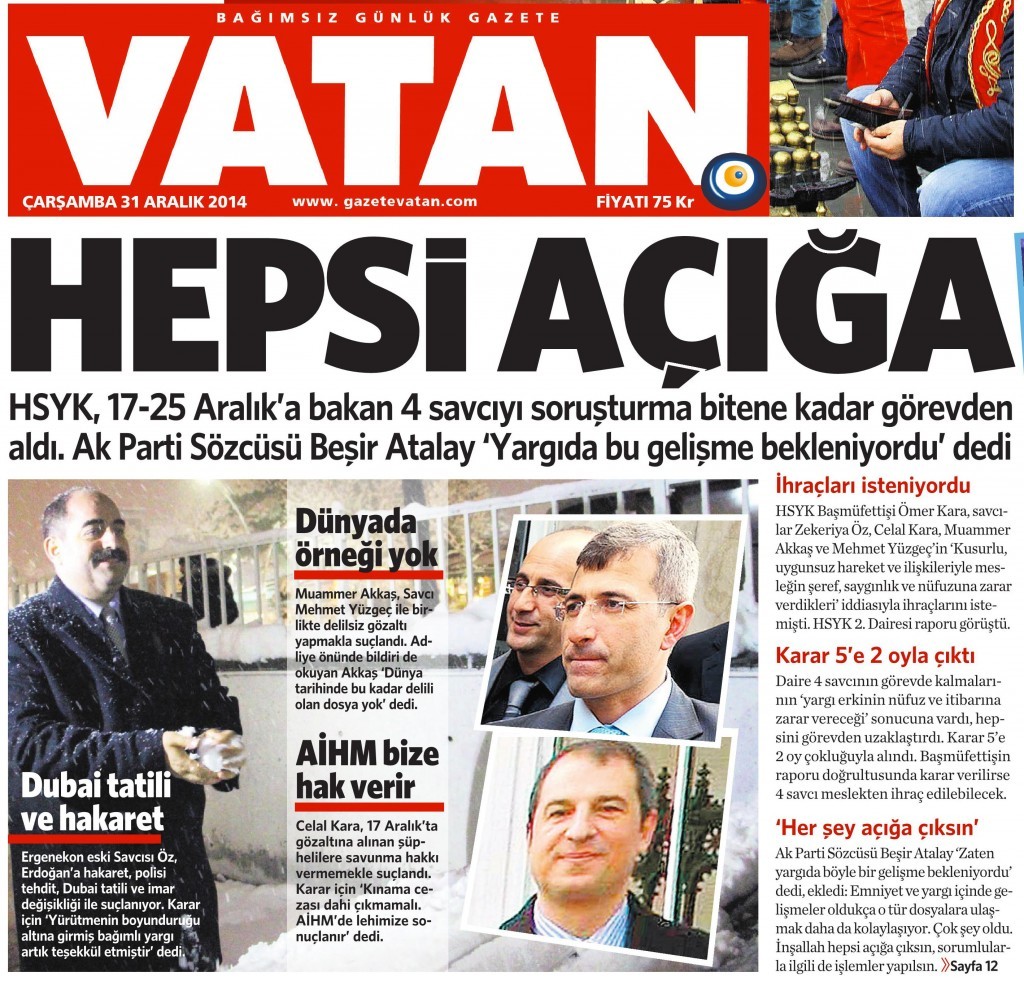31 Aralık 2014 Vatan Gazetesi 1. sayfa