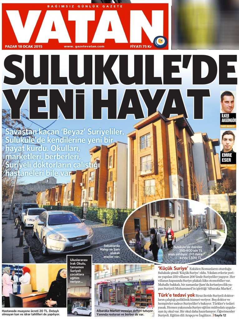 18 Ocak 2015 Vatan Gazetesi 1. sayfa