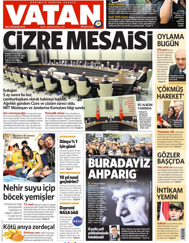 20 Ocak 2015 Vatan Gazetesi 1. sayfa