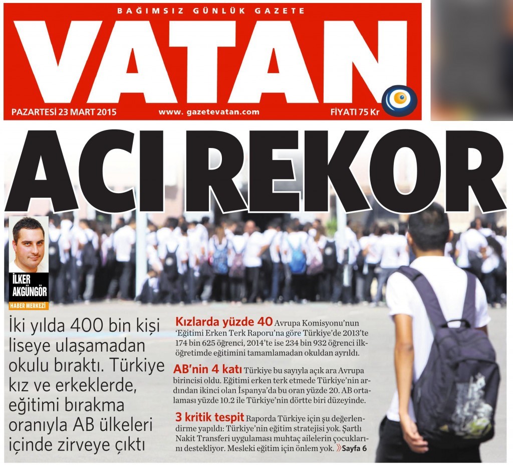 23 Mart 2015 Vatan Gazetesi 1. sayfa