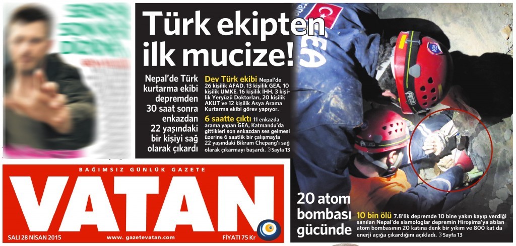 27 Nisan 2015 Vatan Gazetesi 1. sayfa