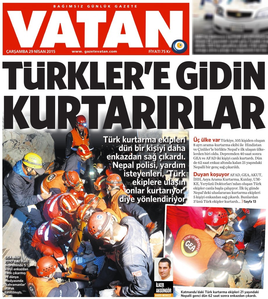 29 Nisan 2015 Vatan Gazetesi 1. sayfa