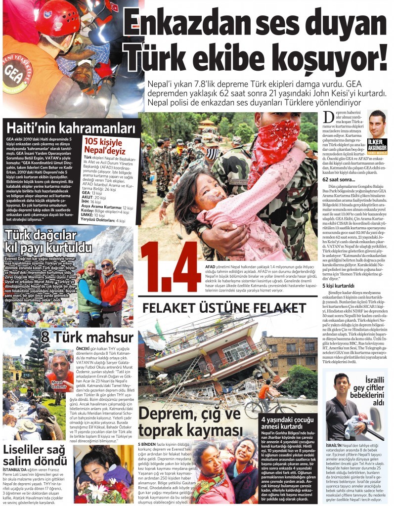29 Nisan 2015 Vatan Gazetesi 13. sayfa
