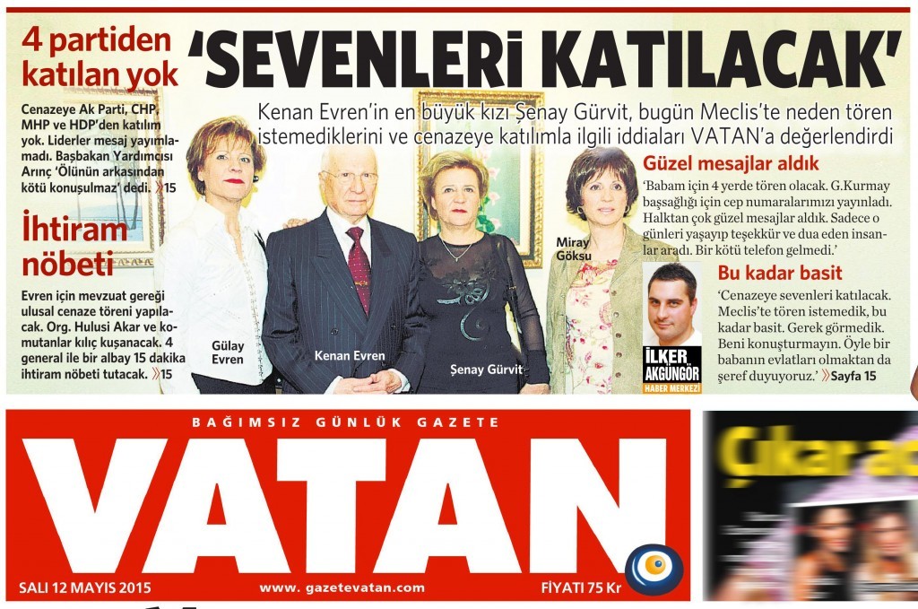 12 Mayıs 2015 Vatan Gazetesi 1. sayfa