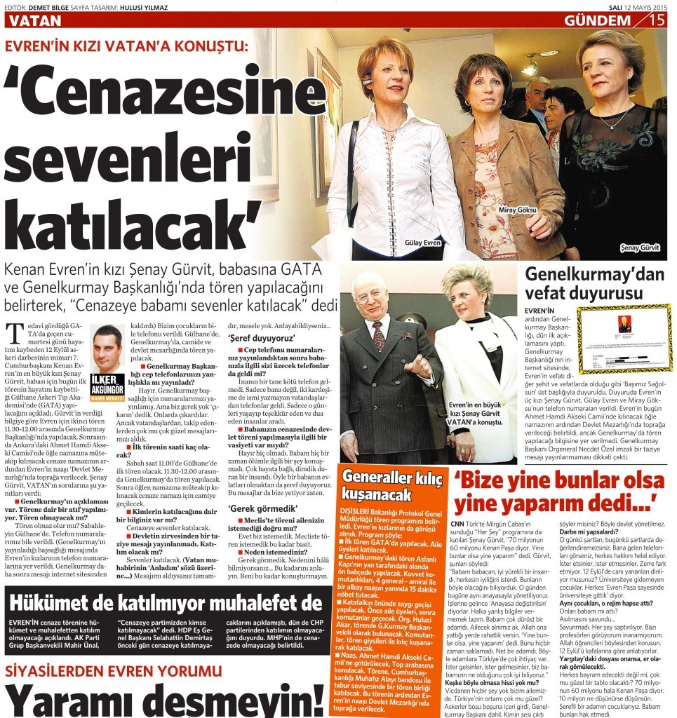 12 Mayıs 2015 Vatan Gazetesi 15. sayfa