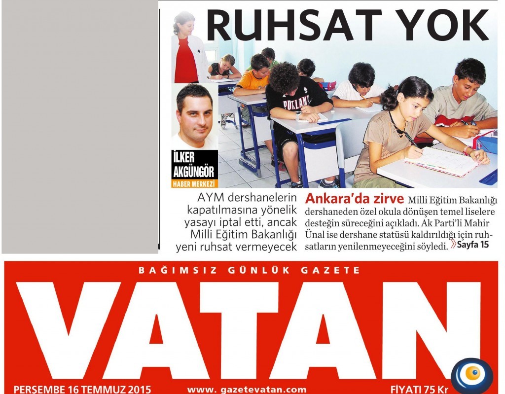 16 Temmuz 2015 Vatan Gazetesi 1. sayfa