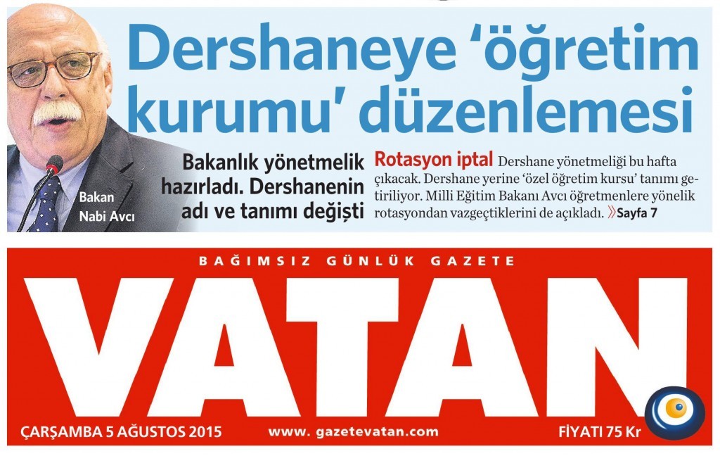 5 Ağustos 2015 Vatan Gazetesi 1. sayfa