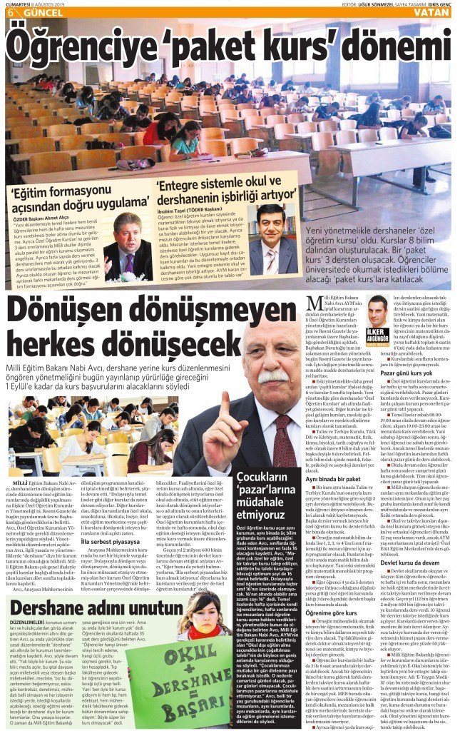 8 Ağustos 2015 Vatan Gazetesi 6. sayfa