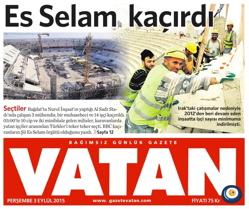 3 Eylül 2015 Vatan Gazetesi 1. sayfa