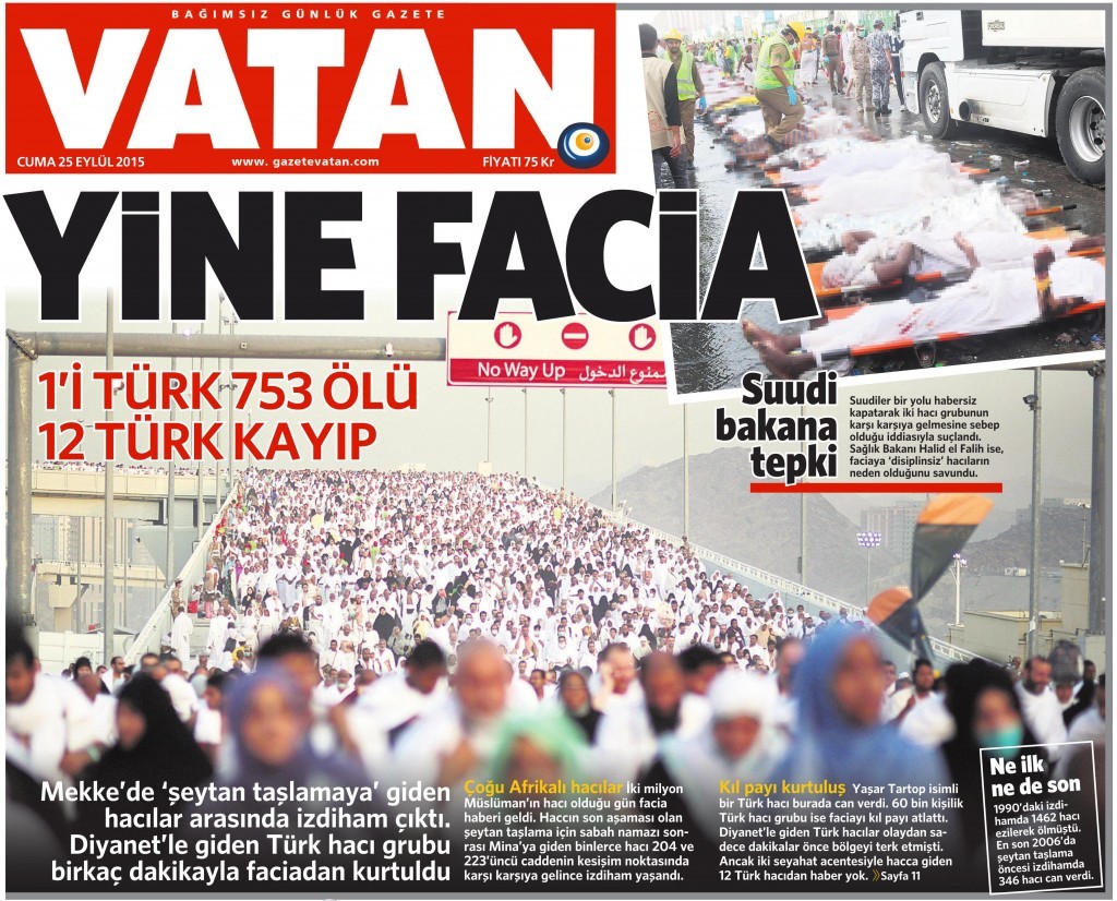 25 Eylül 2015 Vatan Gazetesi 1. sayfa