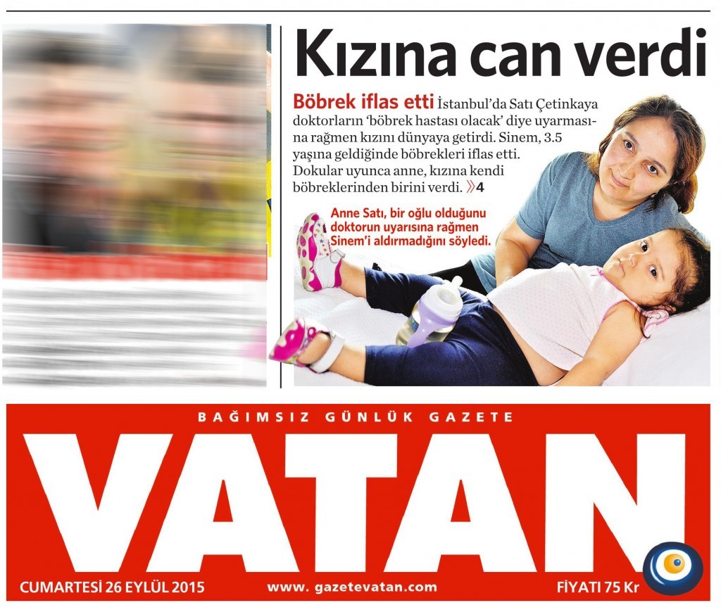 26 Eylül 2015 Vatan Gazetesi 1. sayfa