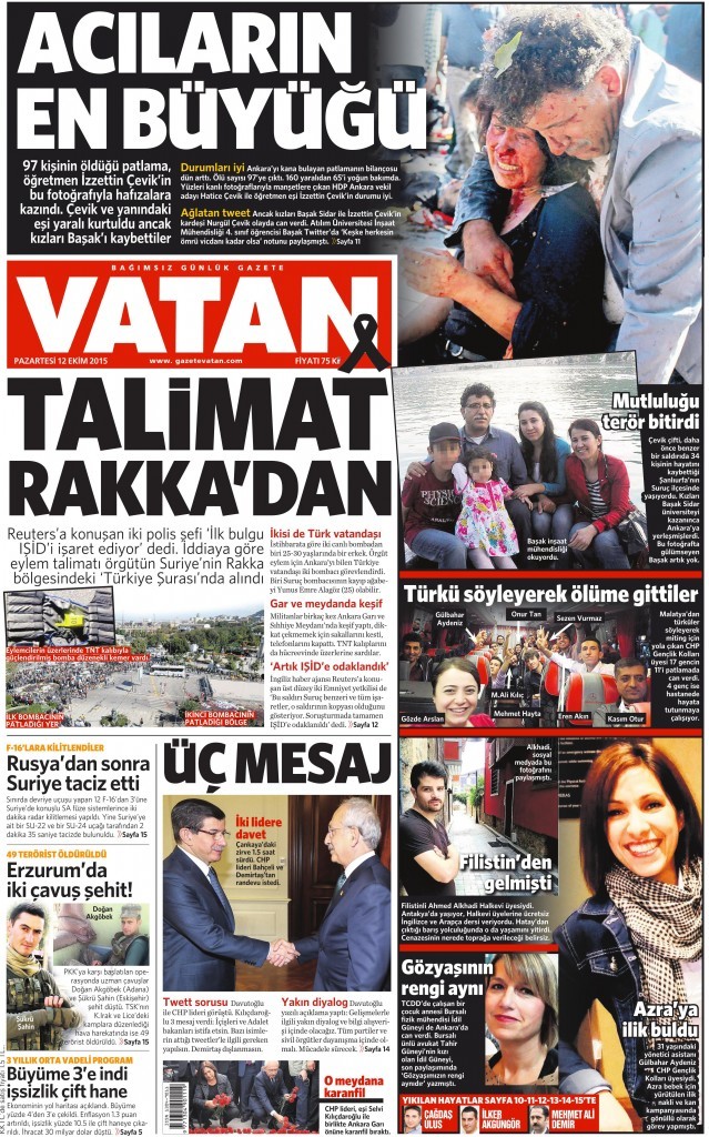 12 Ekim 2015 Vatan Gazetesi 1. sayfa