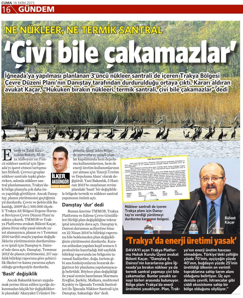 16 Ekim 2015 Vatan Gazetesi 16. sayfa