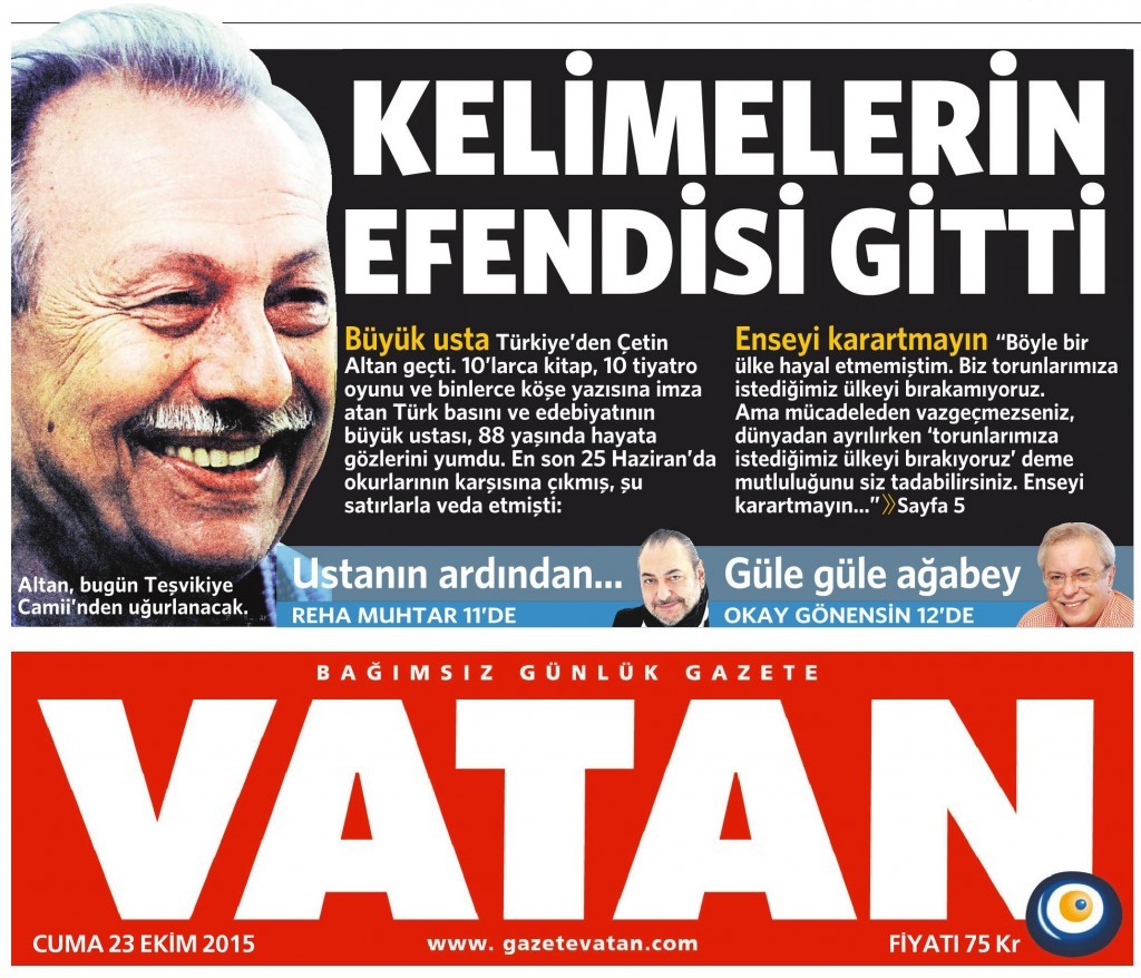 23 Ekim 2015 Vatan Gazetesi 1. sayfa