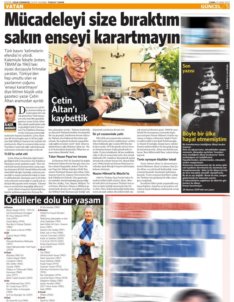 23 Ekim 2015 Vatan Gazetesi 5. sayfa