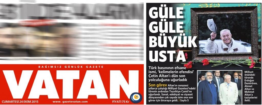 24 Ekim 2015 Vatan Gazetesi 1. sayfa