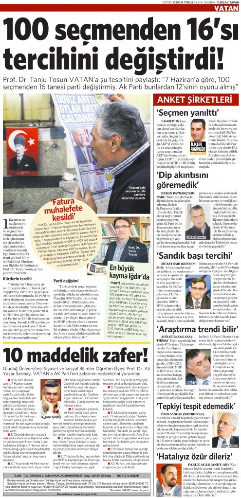 3 Kasım 2015 Vatan Gazetesi 16. sayfa