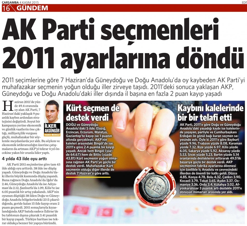 4 Kasım 2015 Vatan Gazetesi 16. sayfa