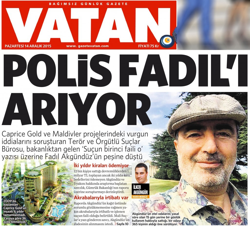 14 Aralık 2015 Vatan Gazetesi 1. sayfa