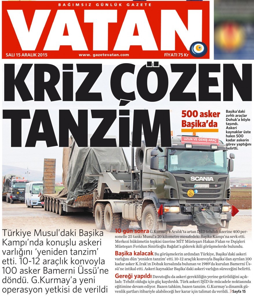 15 Aralık 2015 Vatan Gazetesi 1. sayfa