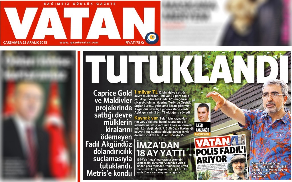 23 Aralık 2015 Vatan Gazetesi 1. sayfa