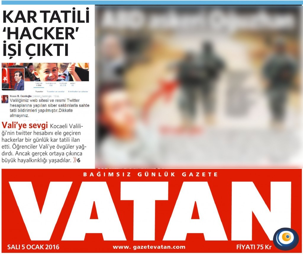 5 Ocak 2016 Vatan Gazetesi 1. sayfa