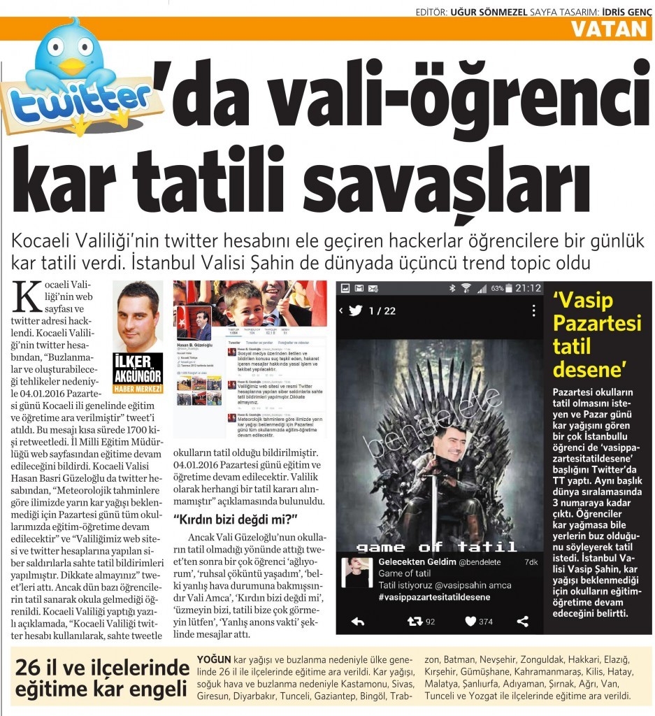 5 Ocak 2016 Vatan Gazetesi 6. sayfa