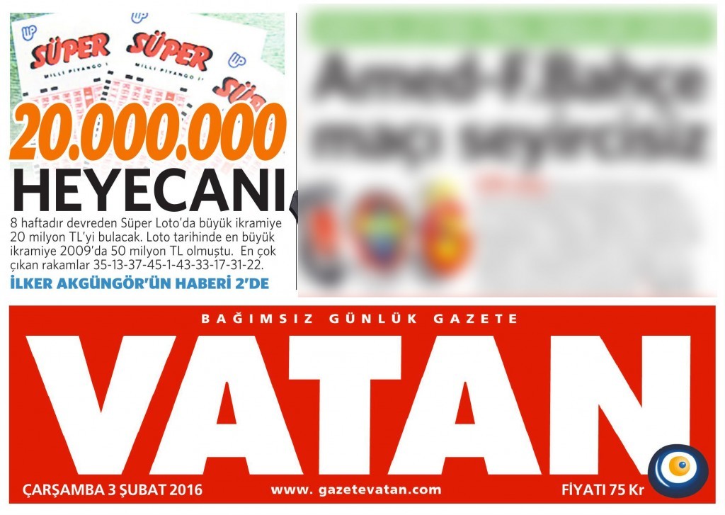 3 Şubat 2016 Vatan Gazetesi 2. sayfa