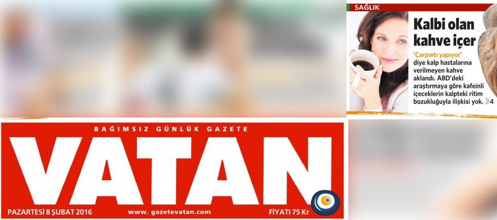 8 Şubat 2016 Vatan Gazetesi 1. sayfa