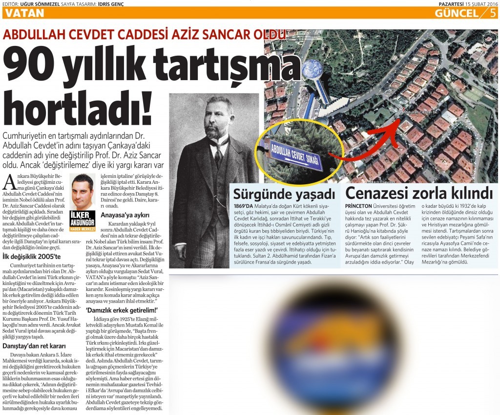 15 Şubat 2016 Vatan Gazetesi 5. sayfa