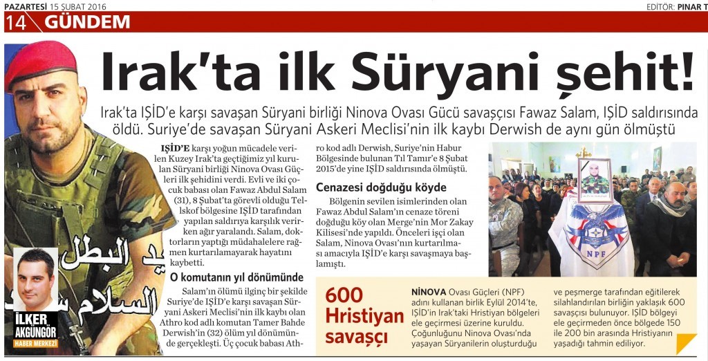 15 Şubat 2016 Vatan Gazetesi 15. sayfa