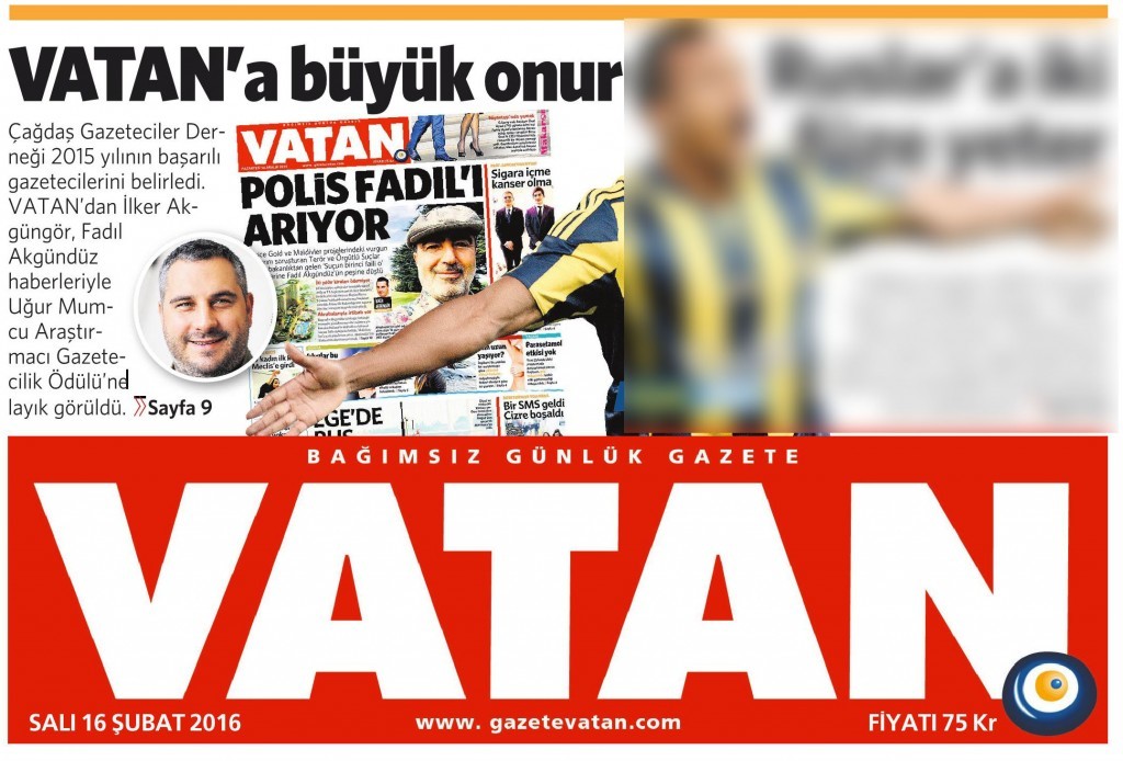 16 Şubat 2016 Vatan Gazetesi 1. sayfa