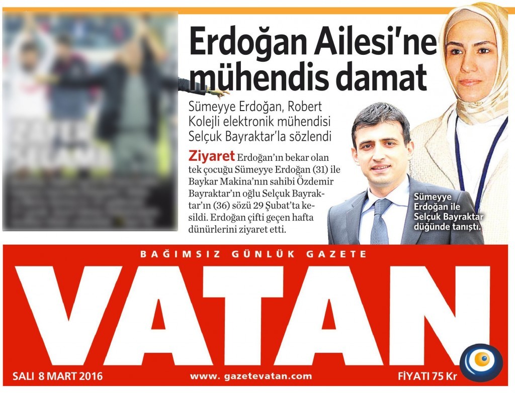 8 Mart 2016 Vatan Gazetesi 1. sayfa 