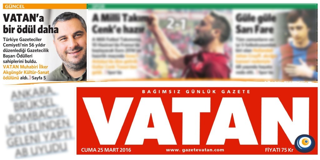 25 Mart 2016 Vatan Gazetesi 1. sayfa