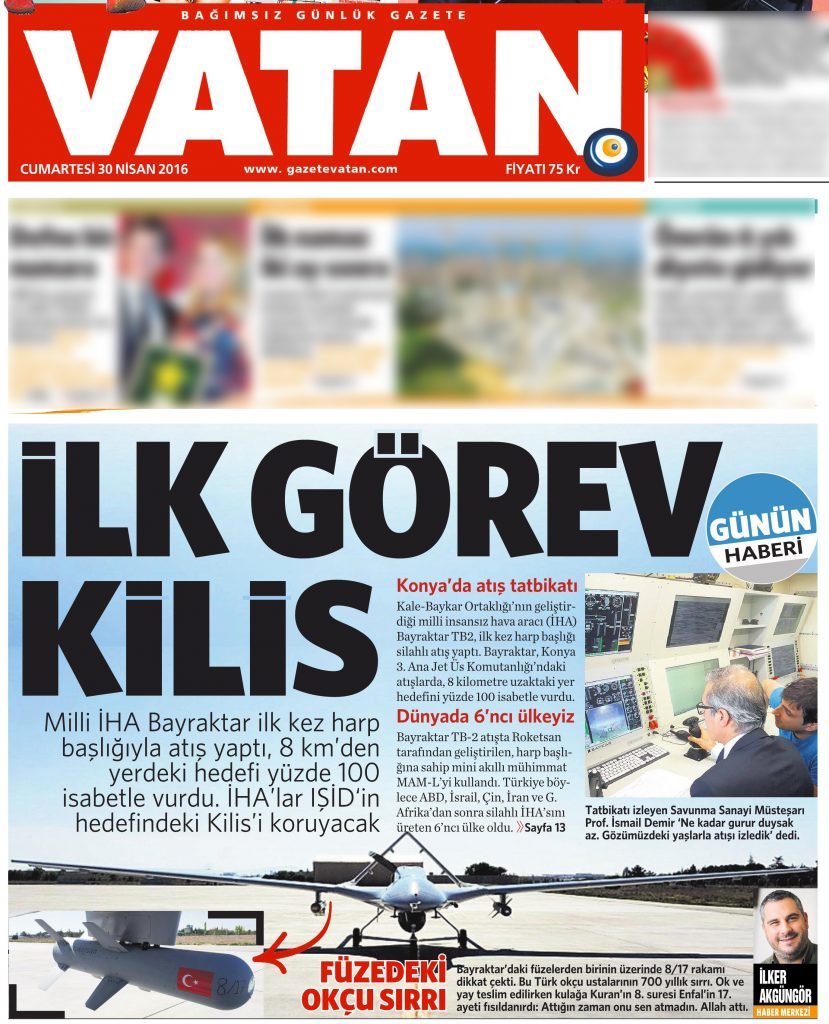 30 Nisan 2016 Vatan Gazetesi 1. sayfa