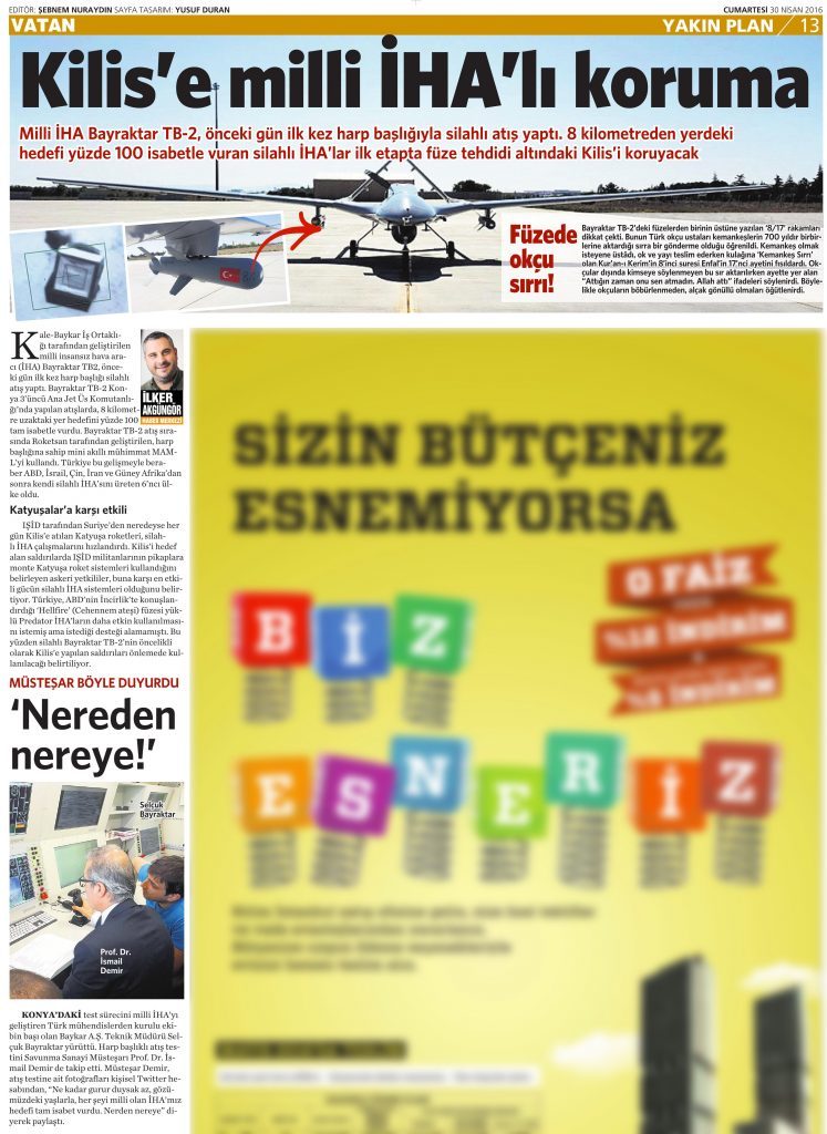 30 Nisan 2016 Vatan Gazetesi 13. sayfa