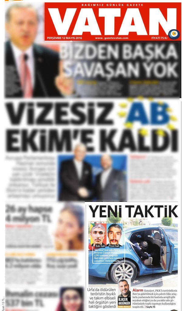 12 Mayıs 2016 Vatan Gazetesi 1. sayfa