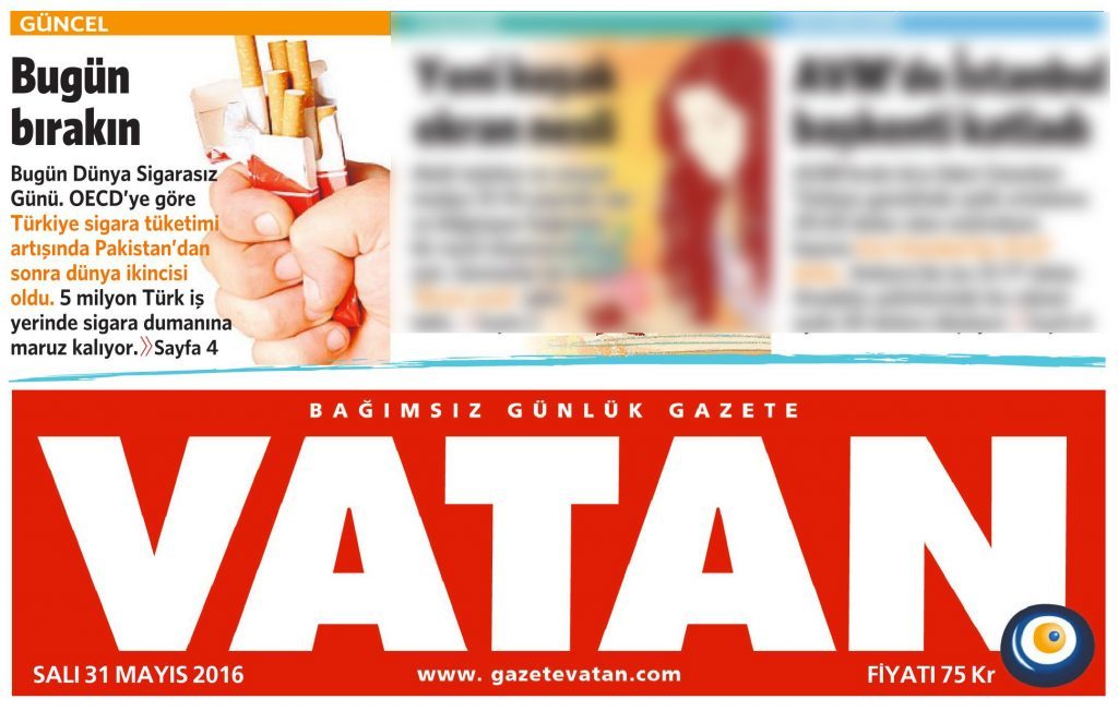 31 Mayıs 2016 Vatan Gazetesi 1. sayfa