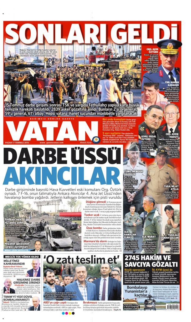 17 Temmuz 2016 Vatan Gazetesi 1. sayfa