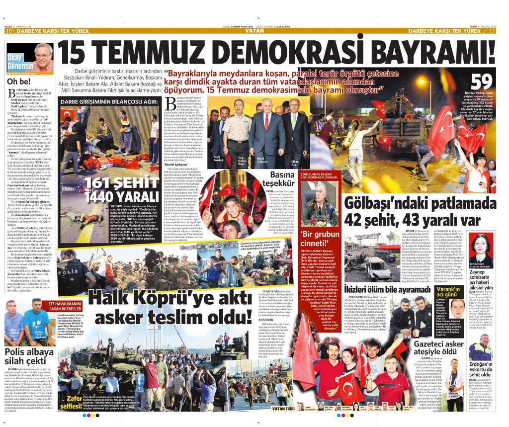 17 Temmuz 2016 Vatan Gazetesi 10 ve 11. sayfa