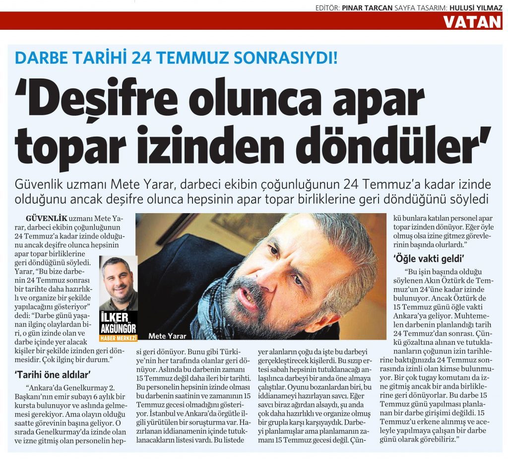 19 Temmuz 2016 Vatan Gazetesi 16. sayfa