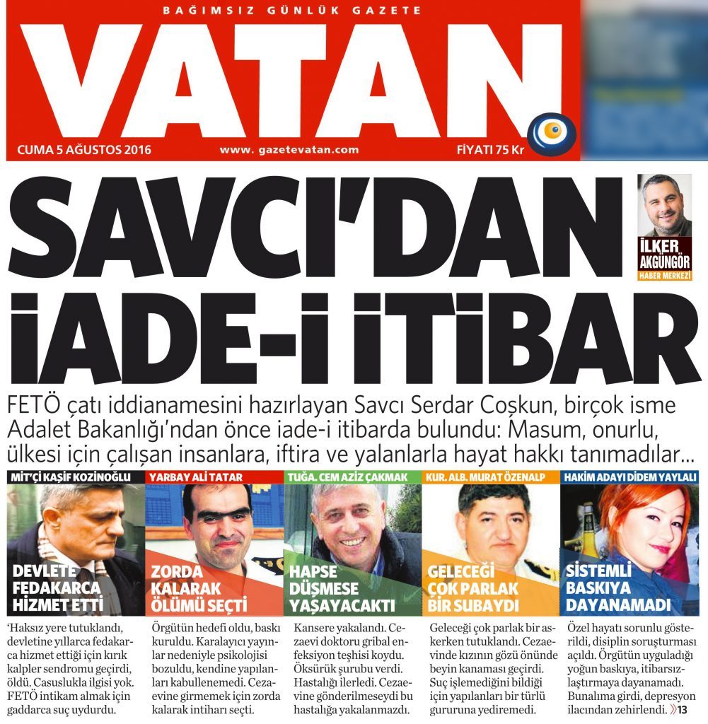 5 Ağustos 2016 Vatan Gazetesi 1. sayfa