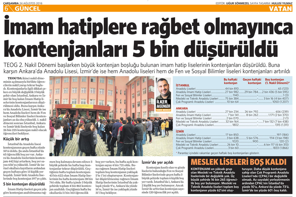 24 Ağustos 2016 Vatan Gazetesi 6. sayfa