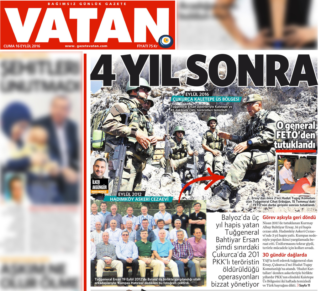 16 Eylül 2016 Vatan Gazetesi 1. sayfa